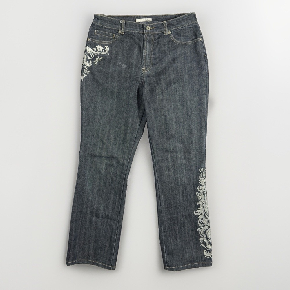 Chico's Platinum Jeans Womens 2 Reg Bootcut Embroidered Dark Wash Stretch